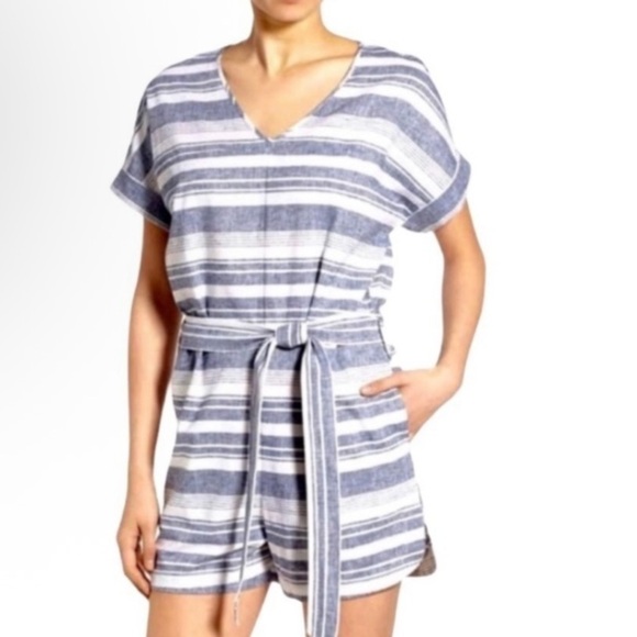 Madewell Perimeter Linen Stripe V-neck Romper Tie Waist Women’s XS - Picture 1 of 6